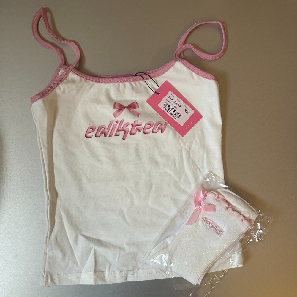 brand new edikted white and pink logo merch tank top with matching socks